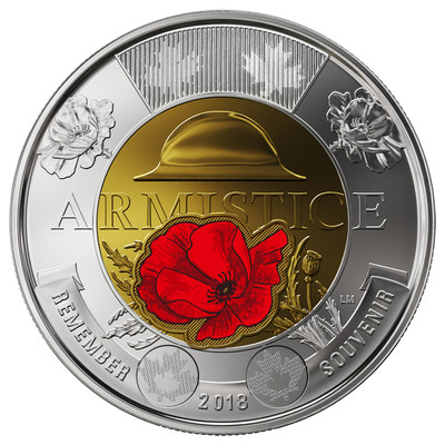 La pice de circulation de 2 $ de la Monniae royale canadienne commmorant le 100e anniversaire de l'Armistice (version colore) (Groupe CNW/Monnaie royale canadienne)