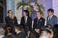 Wonsuk University Chancellor Young-dal Chang, left, and South Korean Congressman Kwang-soo Kim, right, congratulated Crown Prince Andrew Lee and Crown Prince Yi Seok, center, during a Passing of the Sword ceremony inside Crustacean Beverly Hills on Oct. 6, 2018.