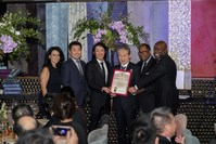 Los Angeles city and county officials presented Crown Prince Andrew Lee and Crown Prince Yi Seok with a proclamation during the Passing of the Sword ceremony on Oct. 6, 2018. Left to right: L.A. Councilmembers Nury Martinez and David Ryu; Crown Prince Andrew Lee and Crown Prince Yi Seok; L.A. County Supervisor Mark Ridley-Thomas, L.A. City Councilman Marqueece Harrison-Dawson.