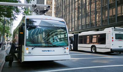 Two Nova Bus electric buses in Vancouver as part of the CUTRIC project (CNW Group/Nova Bus)