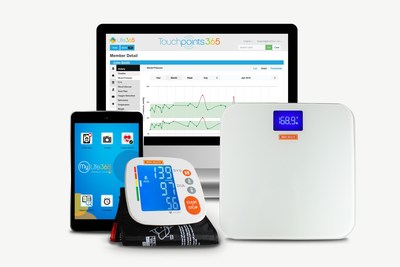 Pictured: Life365 physician portal and patient app, shown with Indie Health blood pressure monitor and weight scale.