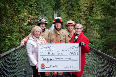 Nancy Stibbard, Owner and Ceo of Capilano Broup (right) presents cheque for $75,000 to Lisa Beck, Executive Director of BC Professional Fire Fighters' Burn Fund.(left). (CNW Group/British Columbia Professional Fire Fighters Burn Fund)
