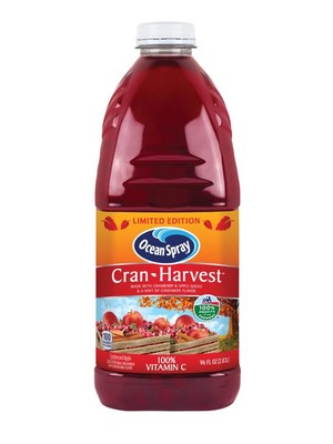 Ocean Spray® Cran•Harvest™ Juice Drink, a fresh, fall blend of bold cranberries, crisp apples and a hint of cinnamon spice to warm those cool autumn days. Ocean Spray® Cran•Harvest™ Juice Drink is available in a twin 96-ounce size, at BJs Wholesales outlets nationwide through December or while supplies last.
