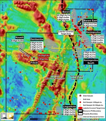 (Figure 1) Farabantourou Property Map Showing Frikidi Trend and Gold-in-Soil Anomalies (CNW Group/Desert Gold Ventures Inc.)