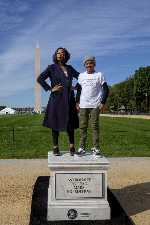 Actress and Allstate Foundation Good Starts Young ambassador Monique Coleman and actor Lonnie Chavis invited future leaders to step onto pedestals with aspirational inscriptions, encouraging youth to develop critical social and emotional learning (SEL) skills today to become leaders tomorrow at National Mall on October 17, 2018 in Washington, DC.  (Photo by Tasos Katopodis/Getty Images for Allstate Foundation Good Starts Young)