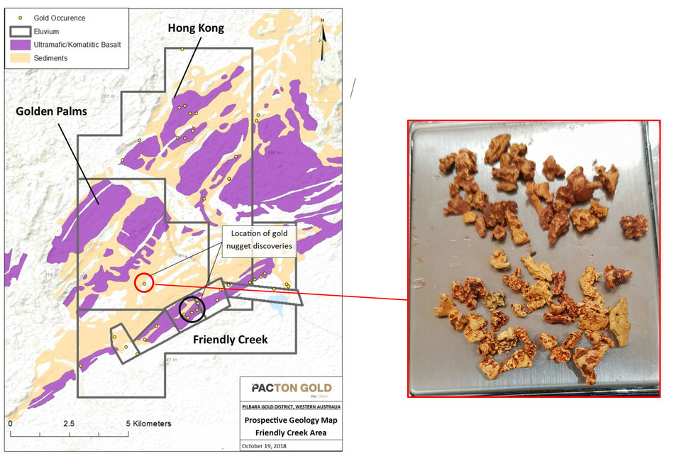 Figure 2. Golden Palms and adjacent Pacton tenements. Mineralized Mesoarchean basal unit, Western Australia MINEDEX gold occurrences, and location of recent gold nugget discoveries (circle). (CNW Group/Pacton Gold Inc.)