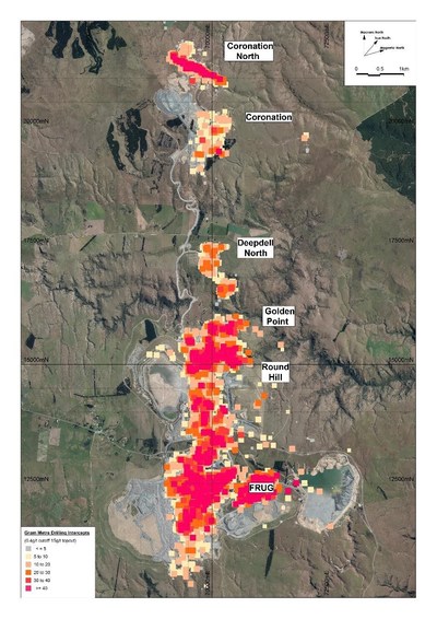 Figure 1 – Location plan of Macraes line of strike targets, Coronation North, Coronation, Deepdell, Golden Point (Round Hill Project) and FRUG (CNW Group/OceanaGold Corporation)