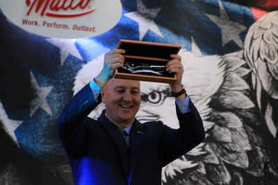 Nebraska Governor Pete Ricketts holds the first Eagle Grip locking pliers  to commemorate the grand opening of Malco Products, SBC’s DeWitt, NE factory.
