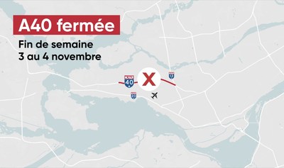 Fermeture complte d'un segment de l'A40 entre l'A13 et le boul. Saint-Jean la fin de semaine du 3 au 4 novembre - ds 15h samedi (Groupe CNW/Rseau express mtropolitain - REM)