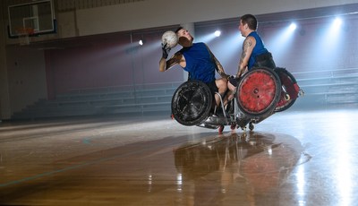 PVA member and U.S. Army veteran Mason Symons (pictured left) from Pine Grove, Pennsylvania, playing wheelchair rugby.