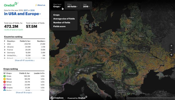 A screenshot of OneSoil Map displaying the variety of crops all over Europe