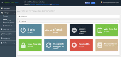 Admin dashboard of the 'FreeSSL.tech Auto' app to issue, renew and auto-install free SSL certificate in cPanel shared hosting.