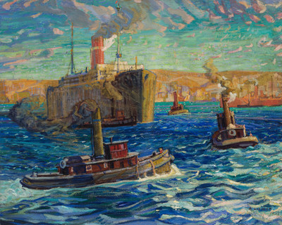L'oeuvre monumentale de 1921 d'Arthur Lismer, Tugs and Troop Carrier, Halifax Harbour, Nova Scotia est une oeuvre phare de la vente automnale de la Maison Heffel (estimation 700 000 $ - 900 000 $) (Groupe CNW/Maison de ventes aux enchres Heffel)