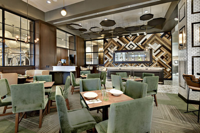 Shot of Trillium, the newly redesigned restaurant at The Grove Hotel in downtown Boise, Idaho. Trillium focuses on using locally-inspired, regionally sourced products, including in its design - the wood used behind the bar is reclaimed from the original hotel bar, lobby and restaurant. In addition to the restaurant, The Grove has undergone a complete renovation of its lobby and bar area.