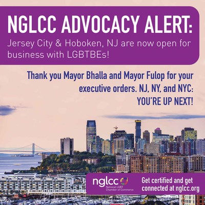 Thanks to @NGLCC's advocacy, certified LGBT, disability, and veteran-owned businesses will now have access to contracting & development opportunities in Jersey City & Hoboken, NJ. These cities will join the ever-growing number of cities and states that include these diverse entrepreneurs.