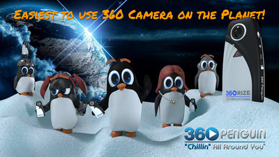 360Rize™ introduces the 360Penguin, a lightweight camera weighing only 2.6 ounces shooting 6K, 4K, 360° VR video and 24-megapixel 360 photos.  "Chillin" and his penguin family enjoy how easy it is to use the mobile app, and easily stream live directly to Facebook and YouTube via cellular Wi-Fi.  Attach its add-on accessories, the 360Penguin can live stream endlessly and connect to a whole array of small action camera accessories