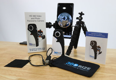 360Rizetm introduces the 360Penguin, an amazingly lightweight camera weighing only 2.6 ounces shooting 6K, 4K, 360 VR video and 24-megapixel 360 photos.  Shown here with box contents.