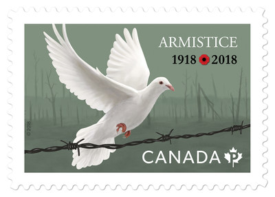 Un timbre souligne le 100e anniversaire de l'Armistice de 1918 (Groupe CNW/Postes Canada)