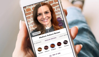 The Madison Reed "Try On" tool has a split screen with a fun, built-in slider that allows users to toggle between their current hair color and the virtual shade.