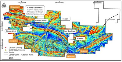 Figure 3. TDR Aeromagnetic image, showing Chalice’s drilling to date over regional aeromagnetics (CNW Group/Chalice Gold Mines Limited)