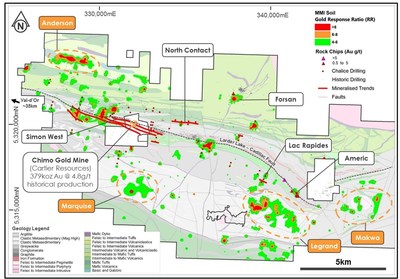 Figure 1.  MMI gold-in-soil, rock chip sampling and interpreted geology (CNW Group/Chalice Gold Mines Limited)