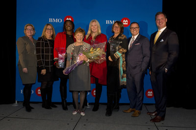 Roxanne Bouchard, VP and Market Manager, BMO; Alexandra Dousmanis-Curtis, Head, Canadian Sales and Distribution, North American Personal & Business Banking, BMO; Dr. Penina Lam – Innovation & Global Growth Honouree; Sharon Johnston, Keynote Speaker; Tara Shannon – Community & Charitable Giving Honouree; Tammy Giuliani – Expansion & Growth in Small Business Honouree; Victor Pellegrino, SVP Eastern, Central & Northern Ontario Division, BMO; Jeff Hill, Branch Manager, VP & Managing Director, BMO (CNW Group/BMO Financial Group)
