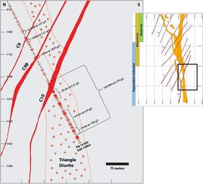 Figure 1: North-south cross section through the lower part of the Triangle Deposit, showing the position of the new vein network zone relative to the C9 – C10 shear zones and the lower Triangle diorite plug. Red crosslines along drillhole trace represent density of quartz-tourmaline-carbonate veins. (CNW Group/Eldorado Gold Corporation)