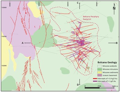 Figure 3: Geological map of the Bolcana Project area showing outline of the Au-Cu porphyry system and traces of drillholes completed in 2017 and 2018 programs. (CNW Group/Eldorado Gold Corporation)