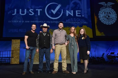 Country music artist Easton Corbin performs the new track "Farmer in All of Us",  honoring extraordinary individuals who have made a significant agricultural impact in their communities and who embody the immortal words of Paul Harvey’s iconic “So God Made a Farmer” speech, at the 2018 National FFA Convention & Expo. From left to right: Easton Corbin, honorees Arnold Pennoyer, Jake Ledoux, and Grayce Emmick, with Piper Merritt (FFA Officer)
Photo credit: Ram Truck/Chris Owens