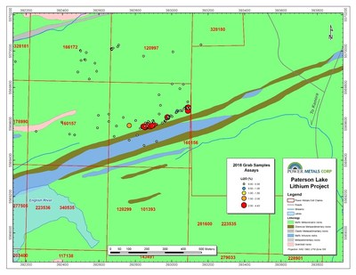 Figure 2 Power Metals summer 2018 grab sampling in Marko’s pegmatite area, Paterson Lake Property. (CNW Group/POWER METALS CORP)