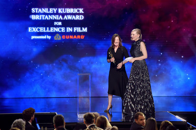 Cate Blanchett (R) accepts the Stanley Kubrick Britannia Award for Excellence in Film presented by Cunard from President of Lucasfilm Kathleen Kennedy onstage at the 2018 British Academy Britannia Awards presented by Jaguar Land Rover and American Airlines at The Beverly Hilton Hotel on October 26, 2018 in Beverly Hills, California. (Photo by Vivien Killilea/Getty Images for BAFTA Los Angeles)