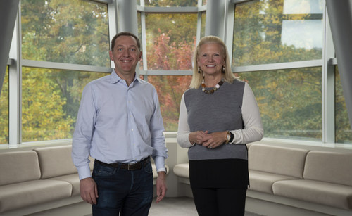 Ginni Rometty, Chairman, President, and CEO of IBM, at right, and James M. Whitehurst, CEO of Red Hat, left, announced, Sunday, October 28, 2018, Armonk NY,  that the companies have reached a definitive agreement under which IBM will acquire all of the issued and outstanding common shares of Red Hat for $190.00 per share in cash, representing a total enterprise value of approximately $34 billion. This acquisition brings together the best-in-class hybrid cloud providers and will enable companies to securely move all business applications to the cloud. (Feature Photo Service)