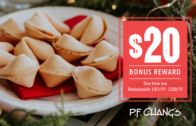 Good fortune is easy to come by and even easier to give this holiday season at P.F. Chang's. For every $100 gift card you buy between Oct. 29 - Dec. 31, 2018, get a $20 Bonus Reward.