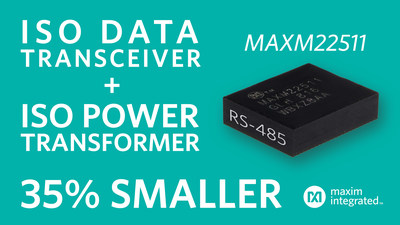 MAXM22511 is the industry's smallest isolated RS-485 module transceiver with power. With double the efficiency and a 35 percent smaller package versus competitive solutions, the MAXM22511 simplifies and shrinks the design of field bus communications systems for factory automation, motor control and other industrial internet of things (IIoT) applications. MAXM22511 is the industry's smallest isolated RS-485 module transceiver with power. With double the efficiency and a 35 percent smaller package versus competitive solutions, the MAXM22511 simplifies and shrinks the design of field bus communications systems for factory automation, motor control and other industrial internet of things (IIoT) applications.