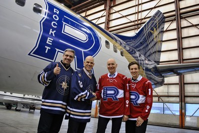 Nolinor Aviation devient le transporteur officiel du Rocket de Laval pour la prochaine anne. De gauche  droite, M. Jol Bouchard, entraneur-chef du Rocket, M. Mark Weightman, vice-prsident, dveloppement et oprations Place Bell, M. Marco Prud'Homme, vice-prsident, Nolinor et M. Vincent Dufort, directeur des ventes, Nolinor. (Groupe CNW/Nolinor Aviation)