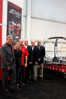 Chief now offers the full line of Celette OEM-approved collision repair systems across most of North America, South America and China. From left: Pierre Nicolau, President, Celette; Delphine Goutarel, Rental and Marketing Coordinator, Celette; Bernd Schmidt, OEM Manager, Celette; Mickey Swartz, VP, Global Collision, Chief Parent Company Vehicle Service Group (VSG); Mike Cranfill, VP, Global Business Development, VSG; Lee Daugherty, VP, Global Collision Sales, VSG.