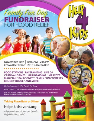 Help4Kids’ Family Fun Day Fundraiser For Flood Relief is scheduled for November 10, 2018 in Myrtle Beach, SC, and the public is invited to attend this local benefit sponsored by the Vacation Myrtle Beach resort group.