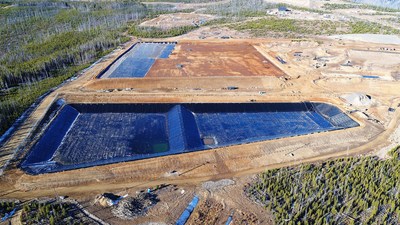 Liners for Water Management Ponds completed, with Tailings Waste Storage Facility in background (CNW Group/eCobalt Solutions Inc.)