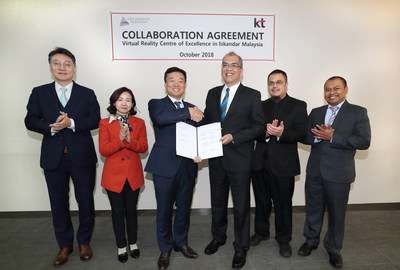 Yoon Kyoung-Lim (third from left), head of KT’s Global Business Office, Datuk Khairil Anwar Ahmad (fourth from left), CEO and President of IIB, and other representatives from the two companies are photographed during a signing ceremony of their joint VR business agreement on October 11 at KT’s headquarters in downtown Seoul.