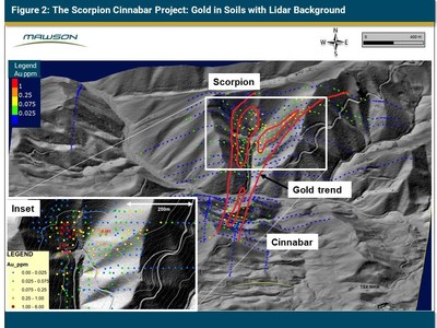 Figure 2: The Scorpion Cinnabar Project: Gold in Soils with Lidar Background (CNW Group/Mawson Resources Ltd.)