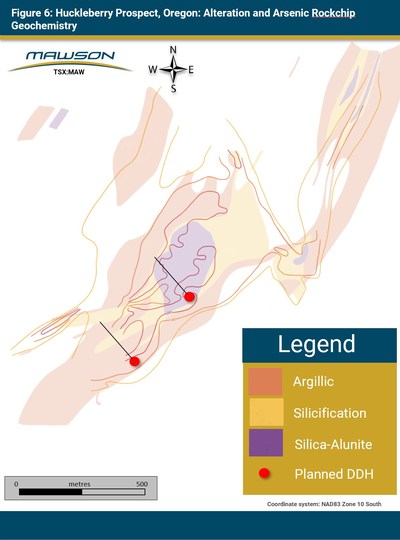 Figure 6: Huckleberry Prospect, Oregon: Alteration and Arsenic Rockchip Geochemistry (CNW Group/Mawson Resources Ltd.)