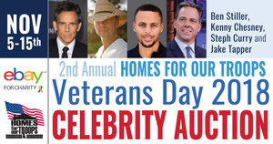 Homes For Our Troops 2nd Annual Veterans Day Celebrity Auction with Kenny Chesney, Ben Stiller, and Jake Tapper to raise funds for severely injured post-9/11 Veterans