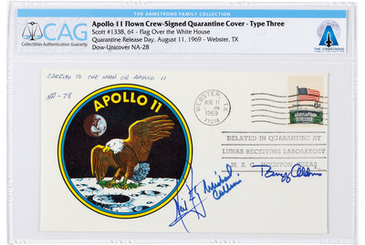 The CAG-certified Apollo 11 Flown Crew-Signed Quarantine Cover – Type Three that realized $156,250.