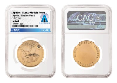 This Apollo 11 Lunar Module Flown Apollo 1 Gilt Fliteline Medal, graded NGC MS 64 and certified by CAG, realized $275,000.