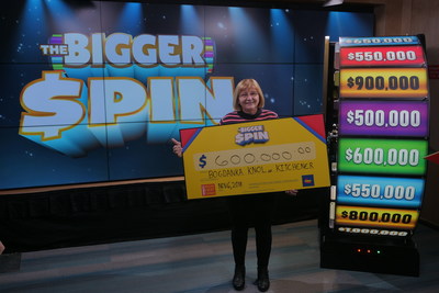 Bogdanka Knol of Kitchener celebrates after spinning THE BIGGER SPIN Wheel at the OLG Prize Centre in Toronto to win $600,000. Knol won a top prize with OLG’s new INSTANT game – THE BIGGER SPIN. (CNW Group/OLG)