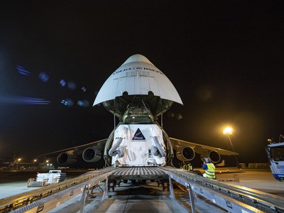 The European Service Module for NASA's Orion spacecraft is loaded on an Antonov airplane in Bremen, Germany, on Nov. 5, 2018, for transport to NASA's Kennedy Space Center in Florida. For the first time, NASA will use a European-built system as a critical element to power an American spacecraft, extending the international cooperation of the International Space Station into deep space.