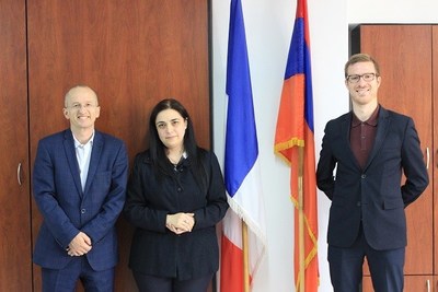 Professor Jean-Mark Lavest, Rector of the French University of Armenia, and Professor Kristina Sargsyan of the Department of Informatics and Applied Mathematics, after the signing of the Blocktech-UFAR partnership in Yerevan with Blocktech's Armenia director of operations Peter Mikkelson, in October 2018