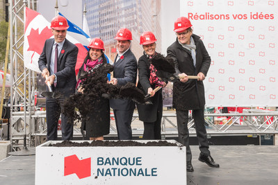 The official groundbreaking ceremony to kick off the construction of National Bank’s new head office in Montreal. From left to right: Canada’s Minister of Finance, the Honourable Bill Morneau; Montréal Mayor, Valérie Plante; Louis Vachon, National Bank’s President and CEO; and Anik Shooner and Jean-Pierre LeTourneux, senior partners and architects, Menkès Shooner Dagenais LeTourneux Architectes. (CNW Group/National Bank of Canada)