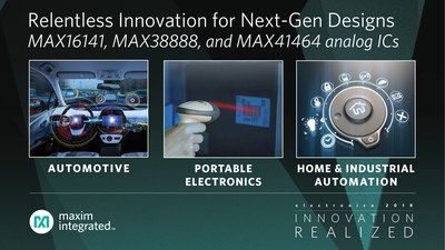 Maxim Integrated Products, Inc. is pushing the frontier of general purpose analog with the announcement of three new high-performance parts at electronica 2018: MAX16141 ORing FET controller for automotive, MAX38888 backup power regulator for portable electronics and MAX41464 wireless transmitter for home and building automation.