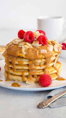 Vanilla almond milk pancakes with almond butter drizzle